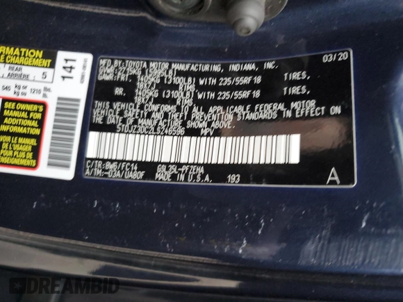 2020 Toyota Sienna LE z VIN 5TDJZ3DC2LS246596, wystawiony jako Copart lot #82495544 z przebiegiem Nie podano mil oraz Szkoda całkowita • Salvage title. Historia ofert i sprzedaży dostępna na DreamBid. Obrazek 14.