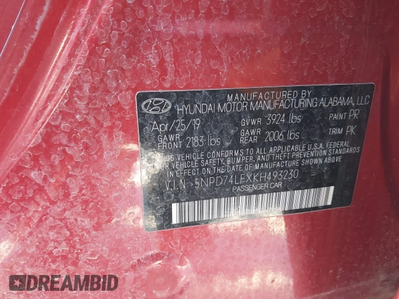 2019 Hyundai Elantra SE with VIN 5NPD74LFXKH493230, listed as a IAAI auction lot 41296855 with 52,163 mi miles and . Bid and sale history available at DreamBid. Image 9.