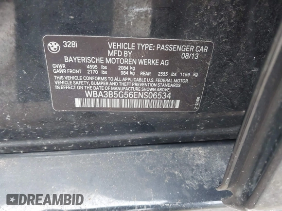 2014 BMW 3 Series 328i xDrive with VIN WBA3B5G56ENS06534, listed as a IAAI auction lot 41549553 with 165,779 mi miles and . Bid and sale history available at DreamBid. Image 9.