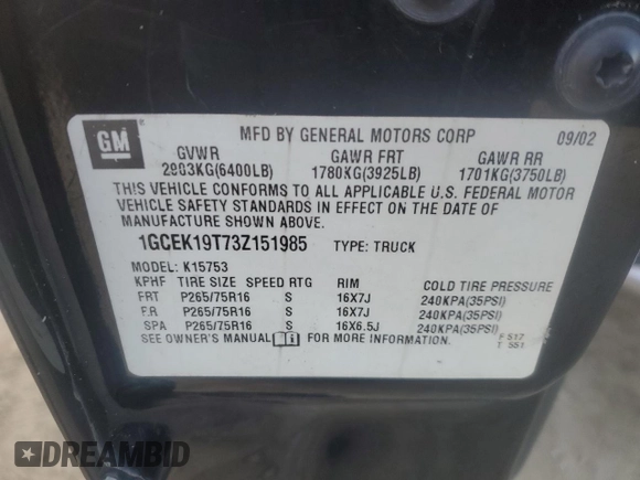 2003 Chevrolet Silverado 1500 with VIN 1GCEK19T73Z151985, listed as a Copart auction lot 85749584 with 296,521 mi miles and Salvage Title. Bid and sale history available at carsss.com. Image 12.