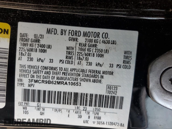 2021 Ford Bronco Sport Big Bend with VIN 3FMCR9B62MRA10653, listed as a Copart auction lot 55116505 with 100,442 mi miles and Salvage title. Bid and sale history available at DreamBid. Image 13.
