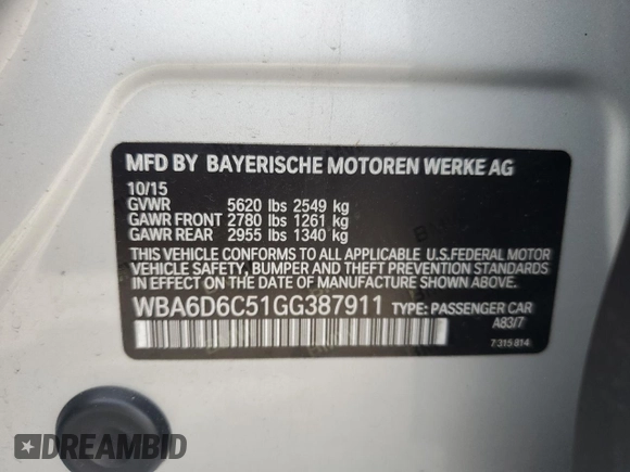 2016 BMW 6 Series 650i xDrive with VIN WBA6D6C51GG387911, listed as a Copart auction lot 72292984 with 0 mi miles and Salvage Title. Bid and sale history available at carsss.com. Image 12.