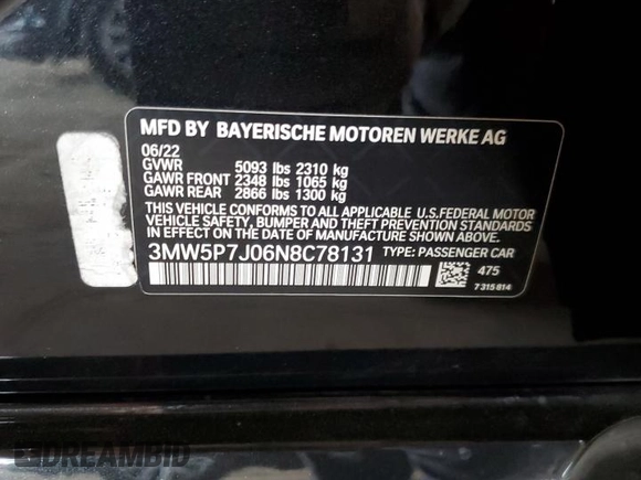 2022 BMW 3 Series 330e with VIN 3MW5P7J06N8C78131, listed as a Copart auction lot 47766015 with 17,100 mi miles and Salvage Title. Bid and sale history available at carsss.com. Image 14.