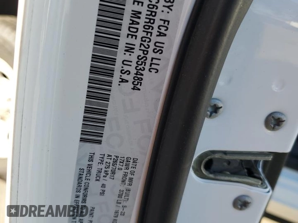 2023 Ram 1500 Tradesman z VIN 1C6RR6FG2PS534854, wystawiony jako Copart lot #41569875 z przebiegiem 6 049 mil mil oraz Szkoda całkowita • Salvage title. Historia ofert i sprzedaży dostępna na DreamBid. Obrazek 12.