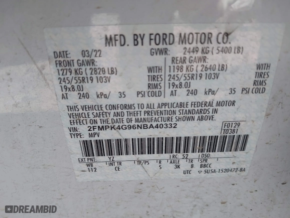 2022 Ford Edge SE with VIN 2FMPK4G96NBA40332, listed as a IAAI auction lot 41730121 with 85,459 mi miles. Bid and sale history available at carsss.com. Image 9.