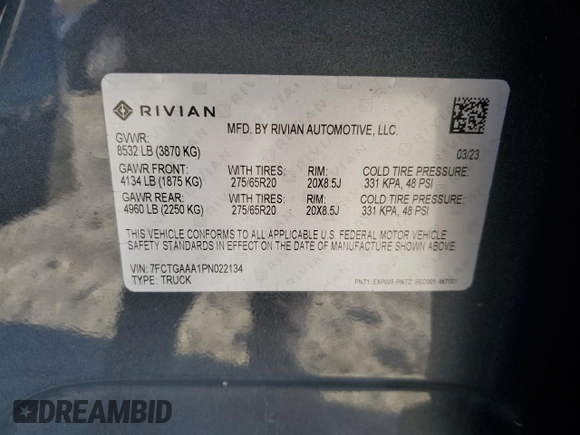 2023 Rivian R1T Adventure z VIN 7FCTGAAA1PN022134, wystawiony jako Copart lot #85545774 z przebiegiem 48 951 mil mil oraz Szkoda całkowita • Salvage title. Historia ofert i sprzedaży dostępna na DreamBid. Obrazek 14.