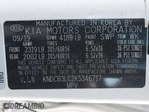 2019 Kia Niro LX with VIN KNDCB3LC2K5346717, listed as a Copart auction lot 45313825 with 122,338 mi miles and Salvage Title. Bid and sale history available at DreamBid. Image 14.