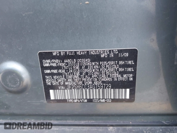 2010 Subaru Forester X Premium с VIN JF2SH6CC3AG759729, выставлен на аукционе IAAI как лот 42384835 с пробегом 226 954 миль миль и . История ставок и продаж доступна на DreamBid. Изображение 9.