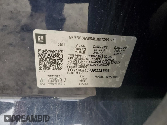 2018 Cadillac Escalade ESV Premium Luxury with VIN 1GYS4JKJ4JR113630, listed as a Copart auction lot 56296265 with 76,556 mi miles and Salvage title. Bid and sale history available at DreamBid. Image 12.