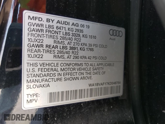 2019 Audi Q8 Premium Plus with VIN WA1BVAF17KD046754, listed as a Copart auction lot 44121753 with 56,488 mi miles. Bid and sale history available at carsss.com. Image 13.