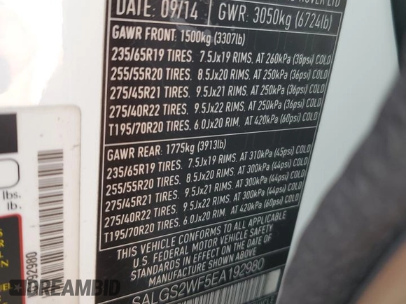 2014 Land Rover Range Rover HSE with VIN SALGS2WF5EA192980, listed as a Copart auction lot 61800795 with 54,983 mi miles and Clean title. Bid and sale history available at DreamBid. Image 14.