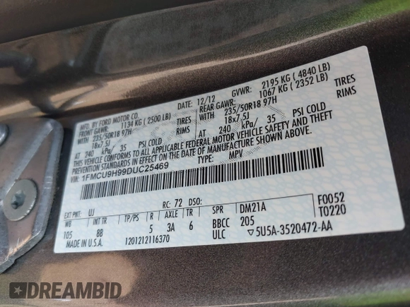 2013 Ford Escape SEL with VIN 1FMCU9H99DUC25469, listed as a IAAI auction lot 42402148 with 99,830 mi miles and . Bid and sale history available at DreamBid. Image 9.
