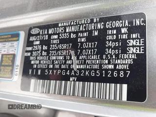 2019 Kia Sorento L with VIN 5XYPG4A32KG512687, listed as a IAAI auction lot 41857401 with 108,483 mi miles. Bid and sale history available at carsss.com. Image 9.