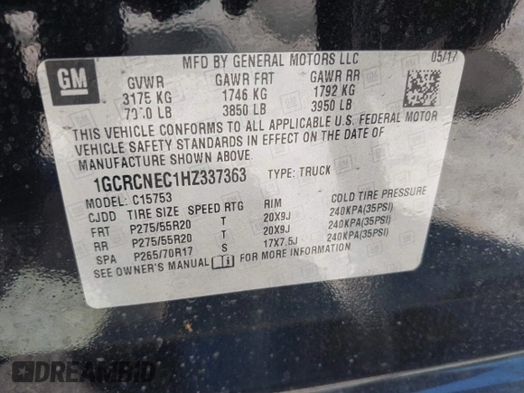 2017 Chevrolet Silverado 1500 LS with VIN 1GCRCNEC1HZ337363, listed as a IAAI auction lot 42059934 with 81,773 mi miles and . Bid and sale history available at DreamBid. Image 9.