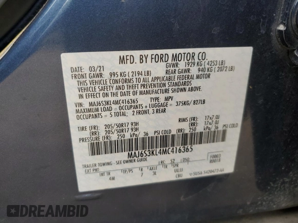 2021 Ford EcoSport Titanium z VIN MAJ6S3KL4MC416365, wystawiony jako Copart lot #45915025 z przebiegiem 54 188 mil mil oraz Nie do naprawy. Historia ofert i sprzedaży dostępna na DreamBid. Obrazek 13.