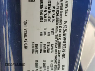 2021 Tesla Model 3 Standard Range Plus z VIN 5YJ3E1EA8MF978274, wystawiony jako Copart lot #53848845 z przebiegiem 79 189 mil mil oraz Szkody całkowita. Historia ofert i sprzedaży dostępna na DreamBid. Obrazek 13.