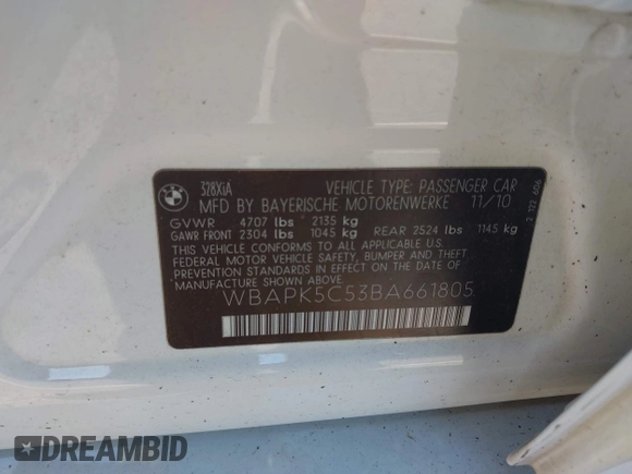 2011 BMW 3 Series 328i xDrive с VIN WBAPK5C53BA661805, выставлен на аукционе IAAI как лот 42299271 с пробегом 129 701 миль миль и . История ставок и продаж доступна на DreamBid. Изображение 9.