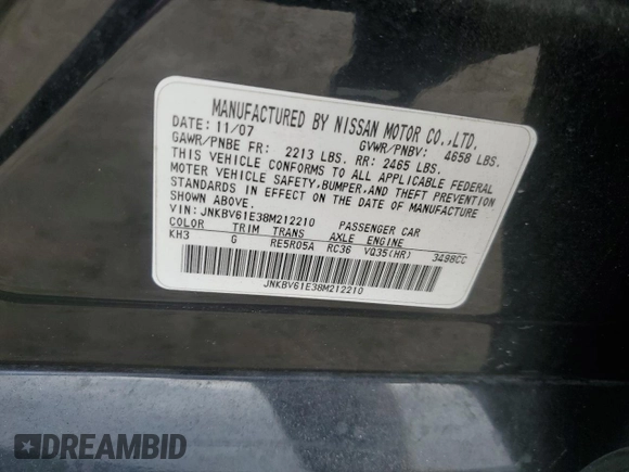 2008 Infiniti G35 Journey with VIN JNKBV61E38M212210, listed as a Copart auction lot 82991394 with 162,116 mi miles and Salvage title. Bid and sale history available at DreamBid. Image 12.