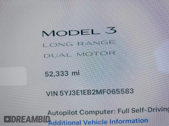 2021 Tesla Model 3 Long Range with VIN 5YJ3E1EB2MF065583, listed as a IAAI auction lot 42067399 with 52,333 mi miles. Bid and sale history available at carsss.com. Image 16.