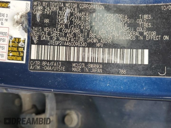 2006 Toyota Highlander z VIN JTEGP21A460098340, wystawiony jako Copart lot #53673075 z przebiegiem Nie podano mil oraz Szkoda całkowita • Salvage title. Historia ofert i sprzedaży dostępna na DreamBid. Obrazek 13.