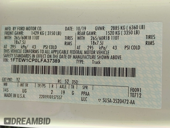 2020 Ford F-150 XL with VIN 1FTEW1CP0LFA37389, listed as a IAAI auction lot 42293742 with 84,786 mi miles and . Bid and sale history available at DreamBid. Image 9.