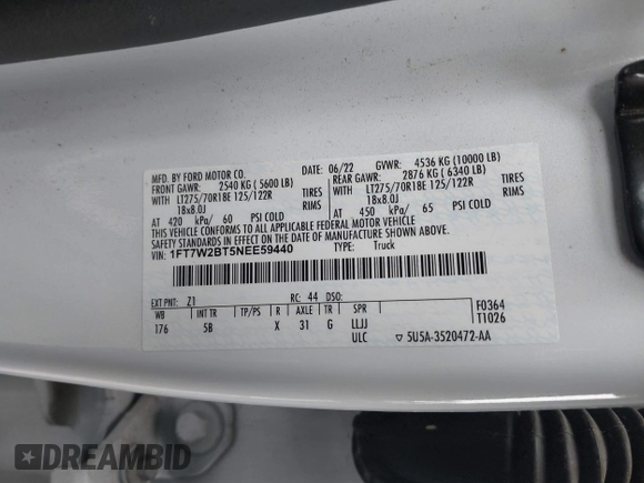 2022 Ford F-250 XL with VIN 1FT7W2BT5NEE59440, listed as a IAAI auction lot 41217343 with 73,201 mi miles and . Bid and sale history available at DreamBid. Image 9.