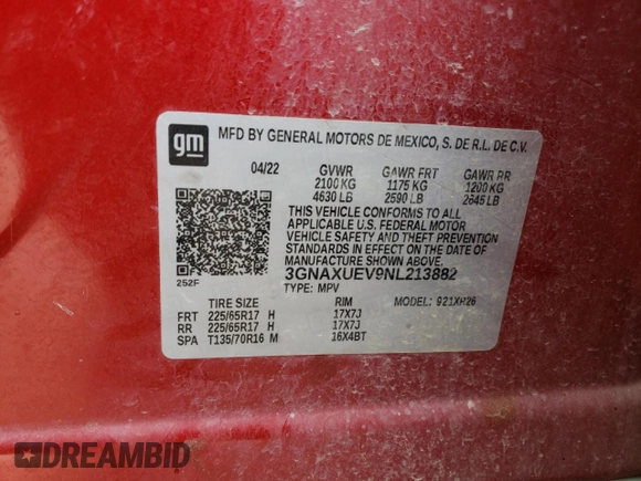2022 Chevrolet Equinox LT z VIN 3GNAXUEV9NL213882, wystawiony jako Copart lot #44521165 z przebiegiem 173 737 mil mil oraz Szkoda całkowita • Salvage title. Historia ofert i sprzedaży dostępna na DreamBid. Obrazek 15.