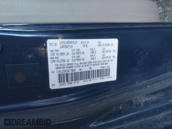 2003 Chrysler Voyager with VIN 1C4GJ25B93B179620, listed as a IAAI auction lot 41834614 with 110,968 mi miles. Bid and sale history available at carsss.com. Image 9.