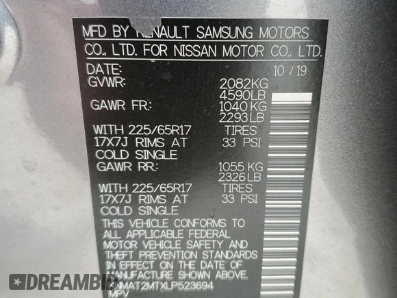 2020 Nissan Rogue SV z VIN KNMAT2MTXLP523694, wystawiony jako Copart lot #53279835 z przebiegiem 49 825 mil mil oraz Szkoda całkowita • Salvage title. Historia ofert i sprzedaży dostępna na DreamBid. Obrazek 14.