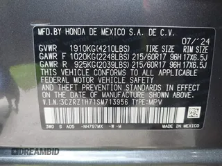 2025 Honda HR-V EX-L with VIN 3CZRZ1H71SM713956, listed as a IAAI auction lot 41691464 with 17,261 mi miles. Bid and sale history available at carsss.com. Image 9.