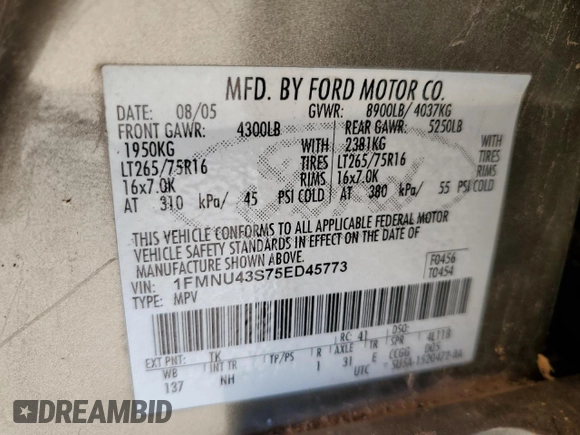 2005 Ford Excursion Limited с VIN 1FMNU43S75ED45773, выставлен на аукционе Copart как лот 74396164 с пробегом 256 904 миль миль и Списание • Salvage title. История ставок и продаж доступна на DreamBid. Изображение 13.