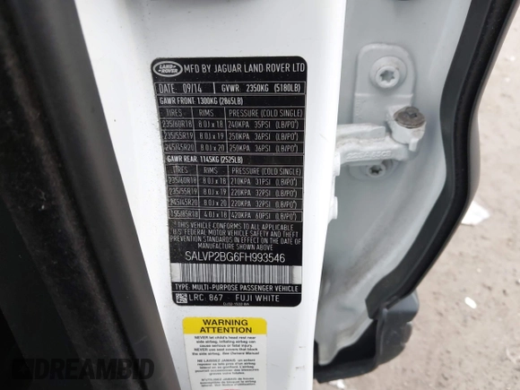 2015 Land Rover Range Rover Evoque Pure Plus with VIN SALVP2BG6FH993546, listed as a IAAI auction lot 41937159 with Not provided miles and . Bid and sale history available at DreamBid. Image 9.