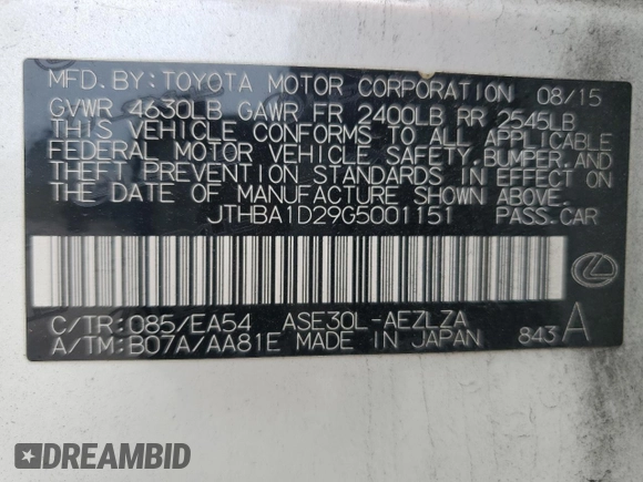 2016 Lexus IS 200t with VIN JTHBA1D29G5001151, listed as a Copart auction lot 59756445 with 118,685 mi miles and Salvage title. Bid and sale history available at DreamBid. Image 12.