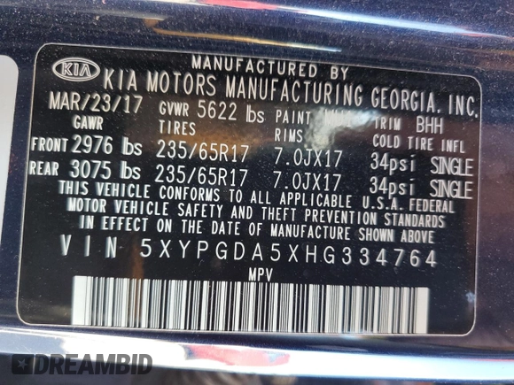 2017 Kia Sorento LX with VIN 5XYPGDA5XHG334764, listed as a Copart auction lot 62677035 with 60,488 mi miles and Salvage title. Bid and sale history available at DreamBid. Image 13.