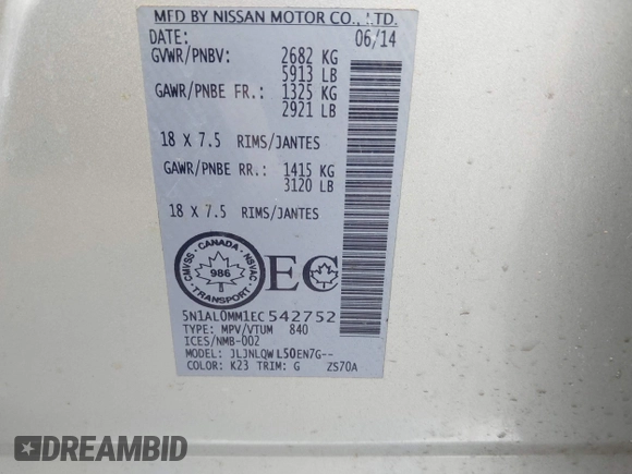 2014 Infiniti QX60 with VIN 5N1AL0MM1EC542752, listed as a IAAI auction lot 41682429 with 134,712 mi miles. Bid and sale history available at carsss.com. Image 9.