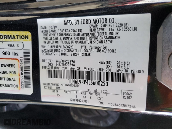 2020 Lincoln Continental Reserve with VIN 1LN6L9RP4L5600223, listed as a Copart auction lot 76571784 with 41,904 mi miles and Salvage Title. Bid and sale history available at carsss.com. Image 12.