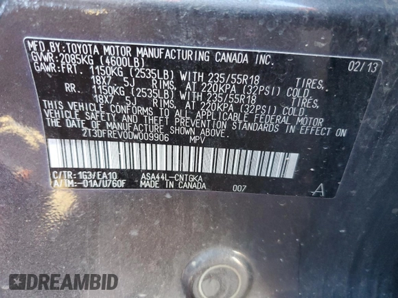 2013 Toyota RAV4 Limited z VIN 2T3DFREV0DW009906, wystawiony jako Copart lot #60857305 z przebiegiem 150 944 mil mil oraz Szkoda całkowita • Salvage title. Historia ofert i sprzedaży dostępna na DreamBid. Obrazek 13.