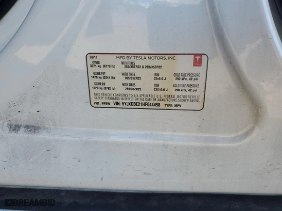 2017 Tesla Model X 90D with VIN 5YJXCBE21HF044498, listed as a Copart auction lot 49305475 with 86,064 mi miles and Salvage Title. Bid and sale history available at carsss.com. Image 13.