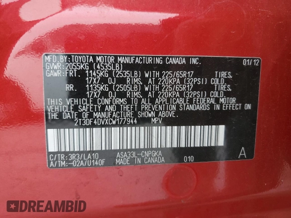 2012 Toyota RAV4 Limited with VIN 2T3DF4DVXCW177944, listed as a Copart auction lot 51298285 with 116,145 mi miles and Salvage Title. Bid and sale history available at DreamBid. Image 16.