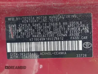 2008 Toyota Camry LE with VIN 4T1BE46K18U228812, listed as a IAAI auction lot 42161219 with 229,954 mi miles and . Bid and sale history available at DreamBid. Image 9.