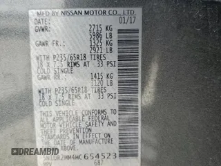 2017 Nissan Pathfinder SL with VIN 5N1DR2MM4HC654523, listed as a Copart auction lot 57589525 with 116,626 mi miles and Salvage title. Bid and sale history available at DreamBid. Image 13.