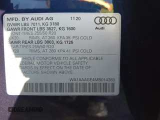 2021 Audi e-tron Premium with VIN WA1AAAGE4MB014383, listed as a IAAI auction lot 41298787 with 63,214 mi miles. Bid and sale history available at carsss.com. Image 9.
