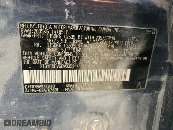 2013 Toyota RAV4 Limited with VIN 2T3YFREV6DW035914, listed as a Copart auction lot 62862915 with 99,703 mi miles and Clean title. Bid and sale history available at DreamBid. Image 12.