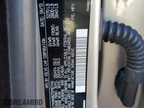 2013 Volvo XC70 3.2L with VIN YV4940BZ7D1167749, listed as a Copart auction lot 47067395 with 109,099 mi miles and Clean Title. Bid and sale history available at DreamBid. Image 13.
