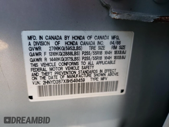 2008 Acura MDX Sport/Pwr Tail Gate with VIN 2HNYD287X8H540459, listed as a Copart auction lot 82659734 with 179,873 mi miles and Clean Title. Bid and sale history available at carsss.com. Image 14.