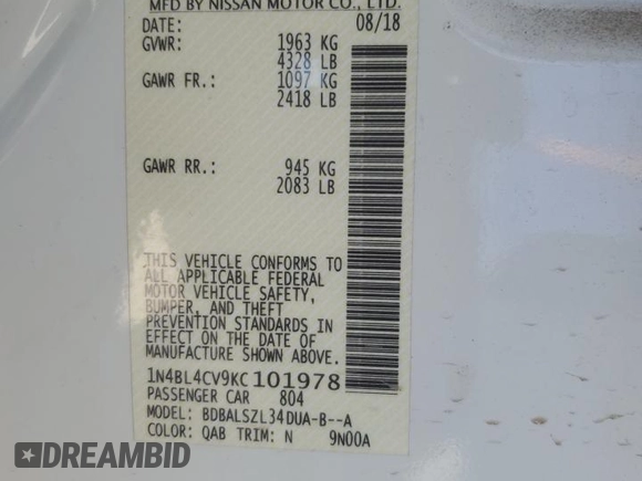 2019 Nissan Altima SR with VIN 1N4BL4CV9KC101978, listed as a Copart auction lot 46088895 with 70,377 mi miles and Salvage Title. Bid and sale history available at DreamBid. Image 13.