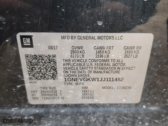 2018 Chevrolet Traverse LT Cloth with VIN 1GNEVGKW1JJ111452, listed as a Copart auction lot 53346845 with 114,622 mi miles and Clean Title. Bid and sale history available at carsss.com. Image 13.