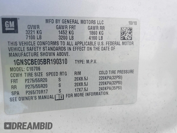 2011 Chevrolet Tahoe LT with VIN 1GNSCBE05BR190310, listed as a IAAI auction lot 42243623 with 249,453 mi miles and . Bid and sale history available at DreamBid. Image 9.