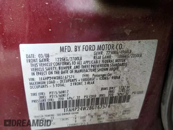2008 Ford Taurus SEL with VIN 1FAHP24W28G167574, listed as a Copart auction lot 51049575 with 220,008 mi miles and Salvage Title. Bid and sale history available at carsss.com. Image 14.