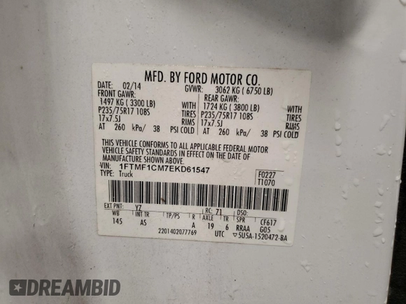 2014 Ford F-150 XL with VIN 1FTMF1CM7EKD61547, listed as a Copart auction lot 51966015 with 175,234 mi miles and Salvage title. Bid and sale history available at DreamBid. Image 13.